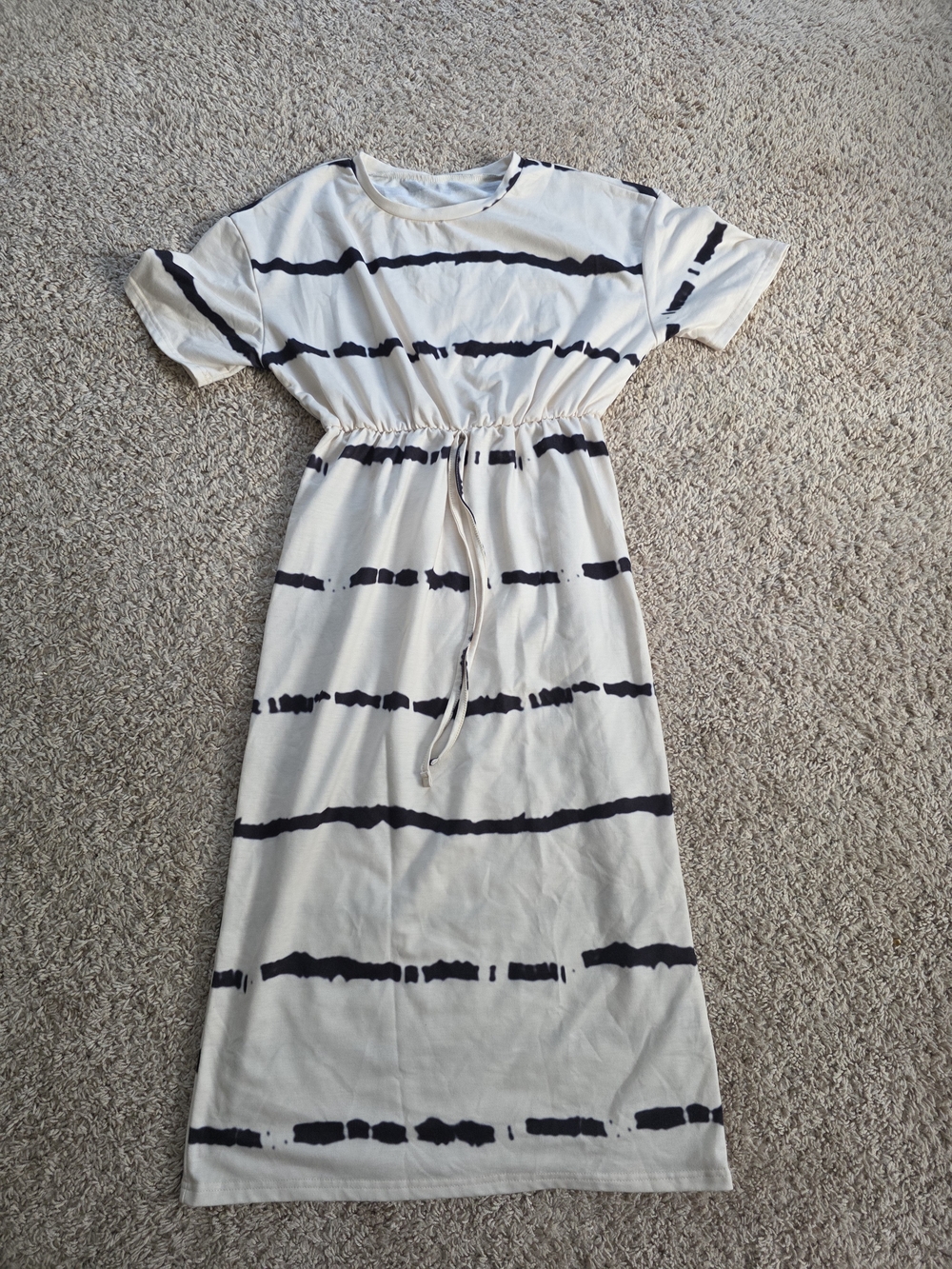 SHEIN Beige Black Striped Drawstring Waist T-Shirt Maxi Dress Size M